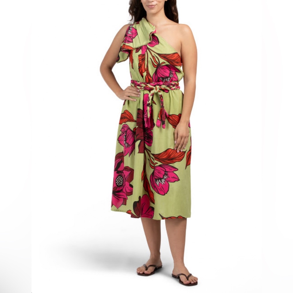 100% Cotton Floral Print Dress with Asymmetric Neckline & Waist Belt